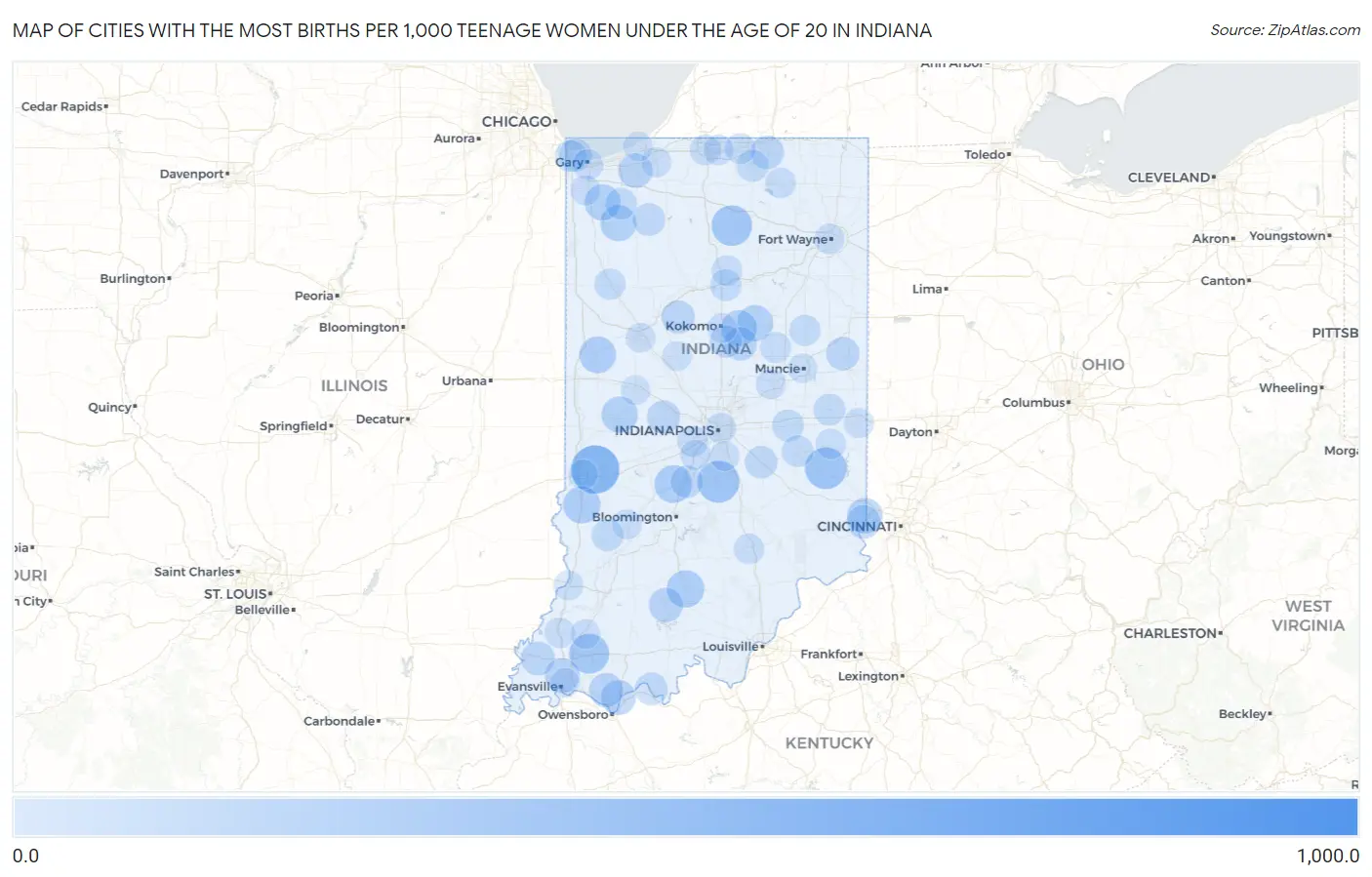 Cities with the Most Births per 1,000 Teenage Women Under the Age of 20 in Indiana Map
