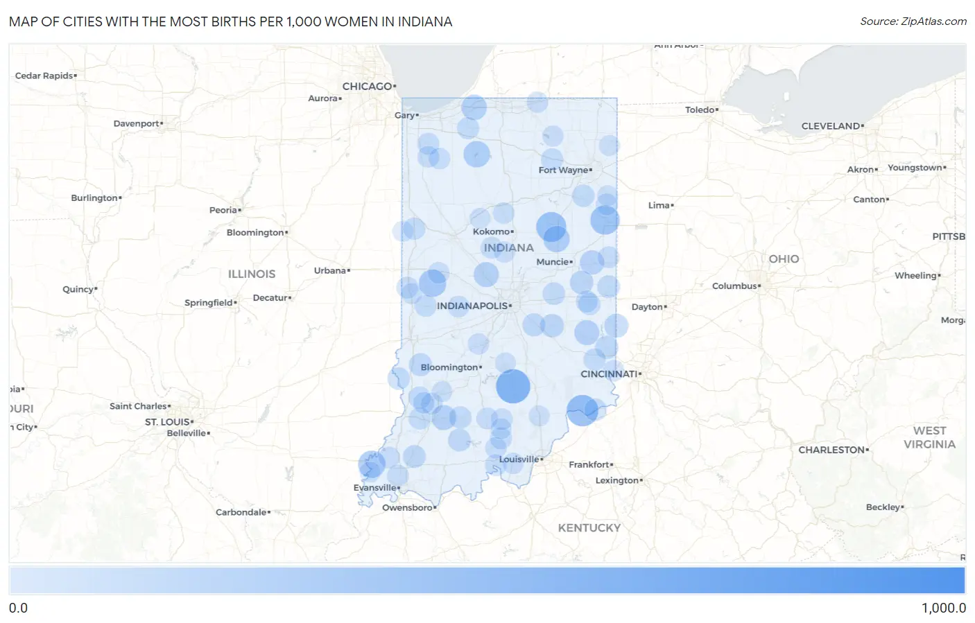 Cities with the Most Births per 1,000 Women in Indiana Map
