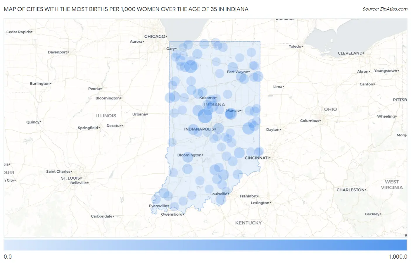 Cities with the Most Births per 1,000 Women Over the Age of 35 in Indiana Map