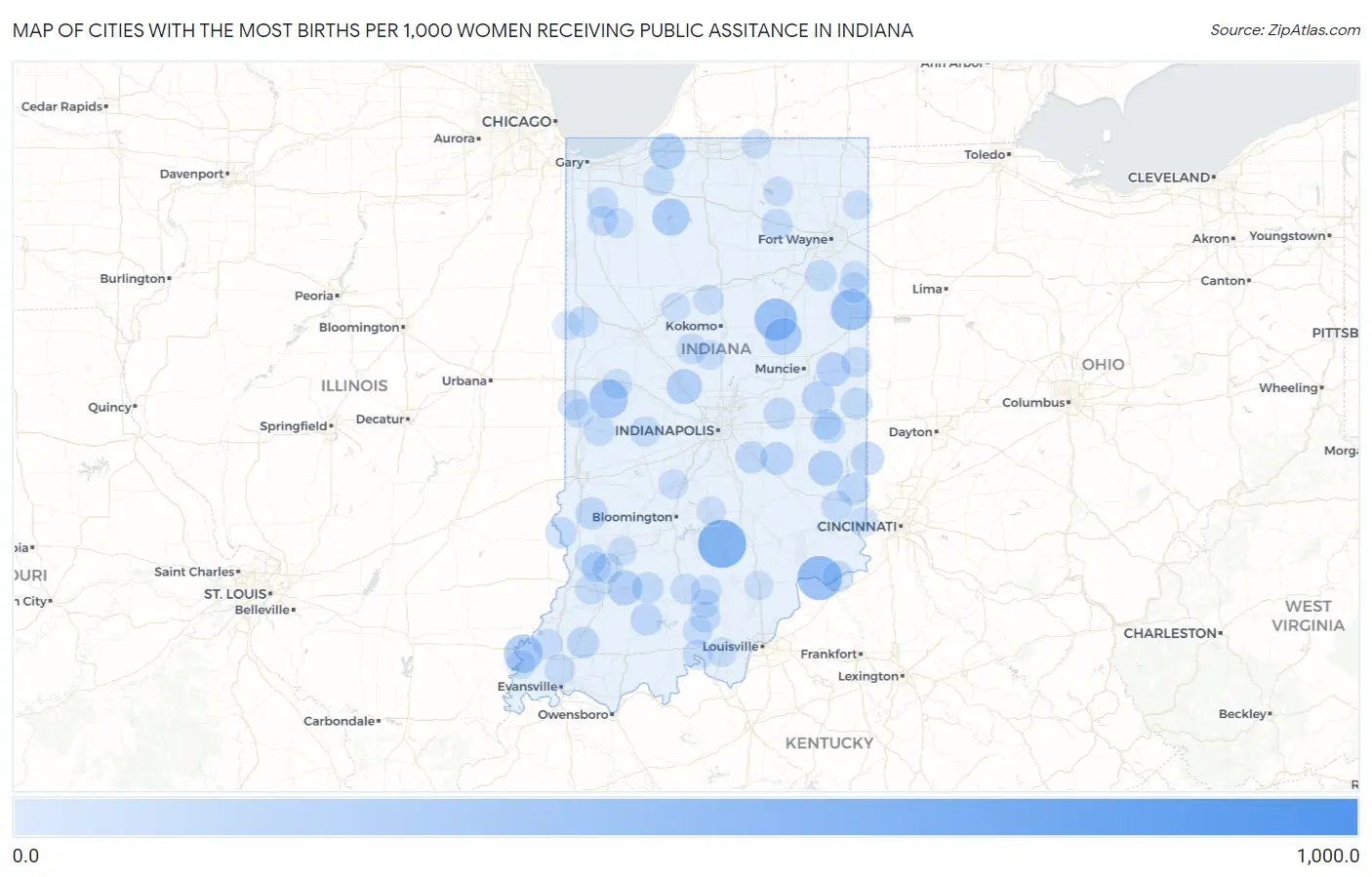 Cities with the Most Births per 1,000 Women Receiving Public Assitance in Indiana Map