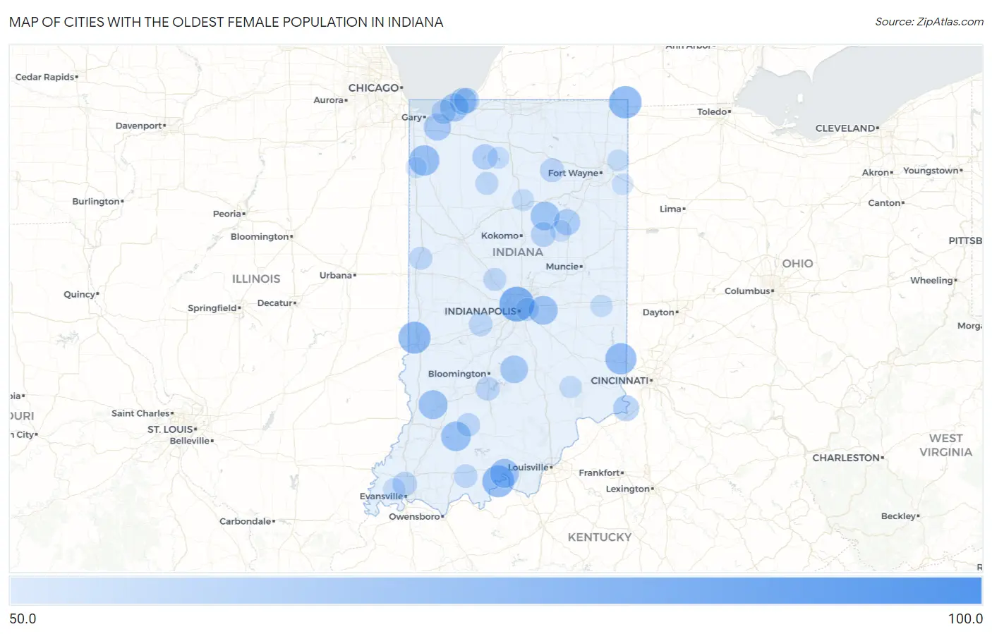 Cities with the Oldest Female Population in Indiana Map