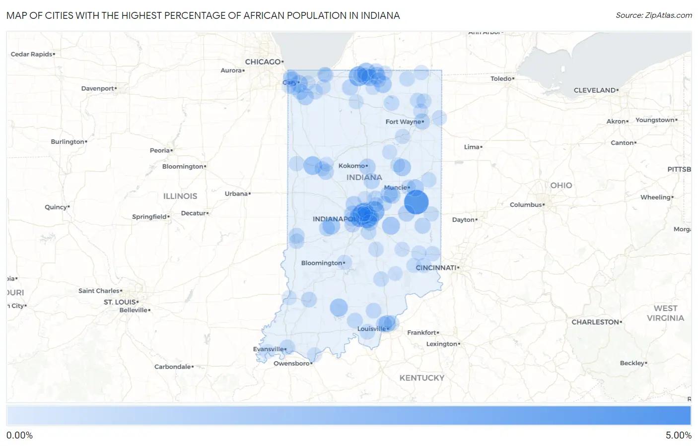 Cities with the Highest Percentage of African Population in Indiana Map