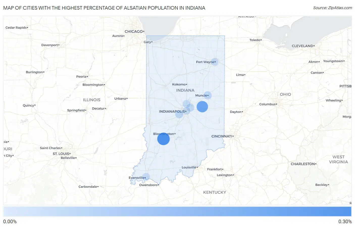 Cities with the Highest Percentage of Alsatian Population in Indiana Map