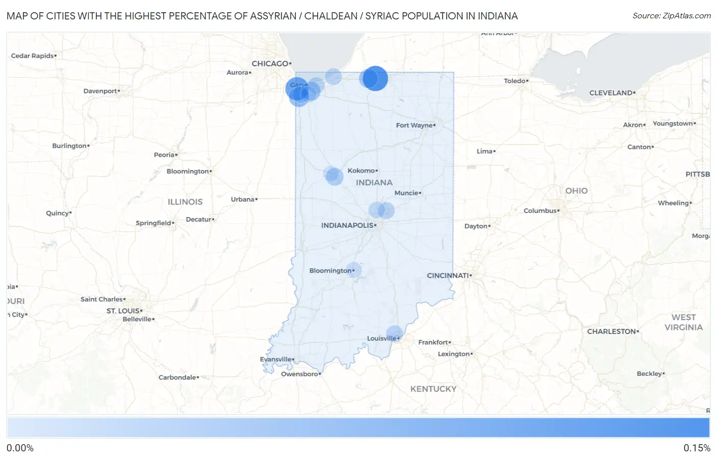 Cities with the Highest Percentage of Assyrian / Chaldean / Syriac Population in Indiana Map