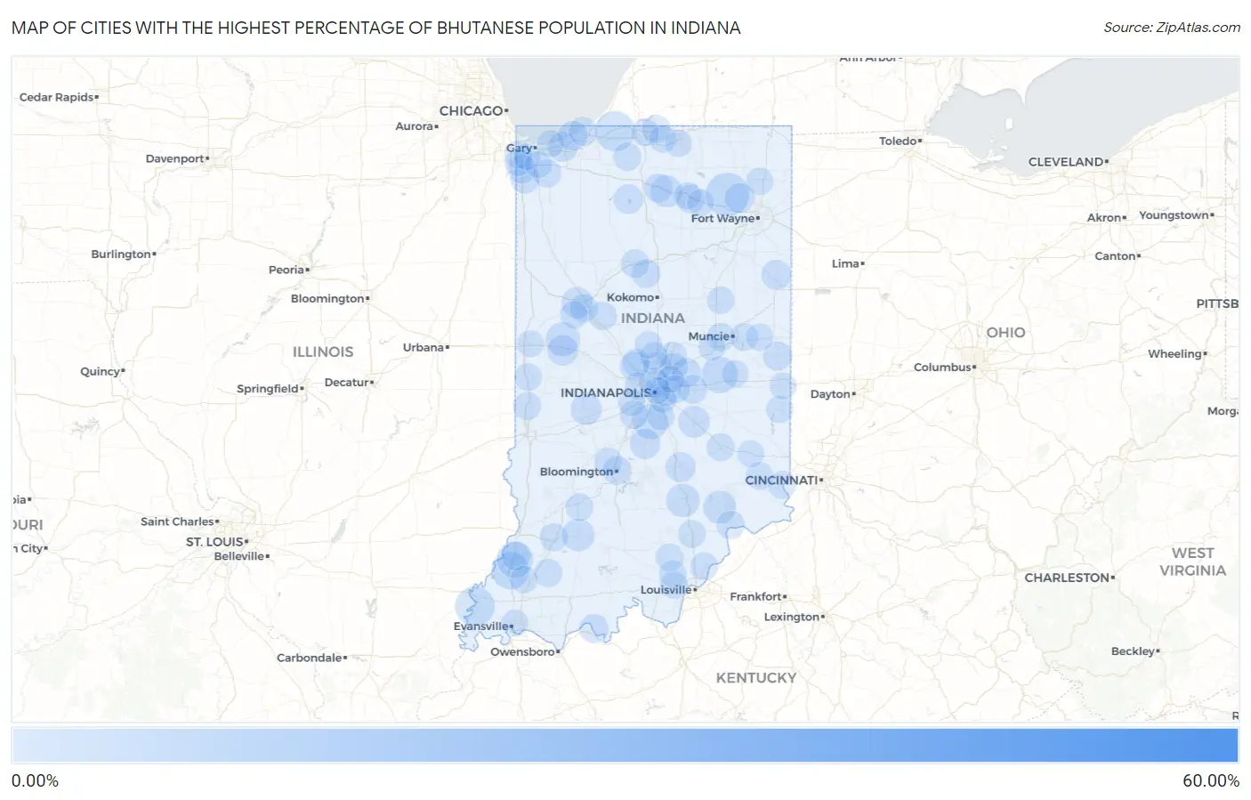 Cities with the Highest Percentage of Bhutanese Population in Indiana Map