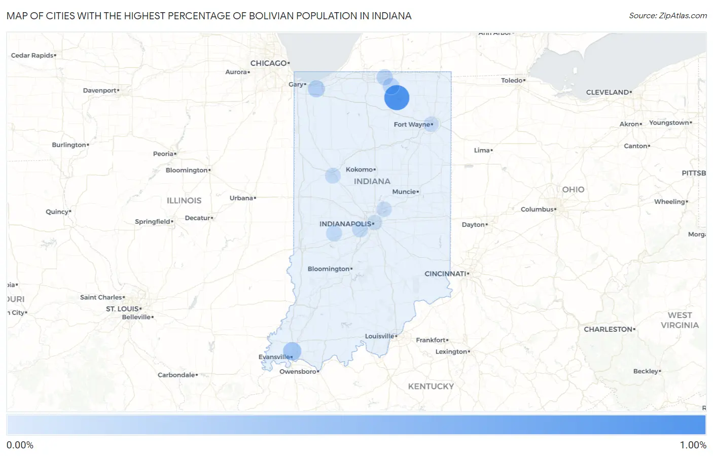 Cities with the Highest Percentage of Bolivian Population in Indiana Map