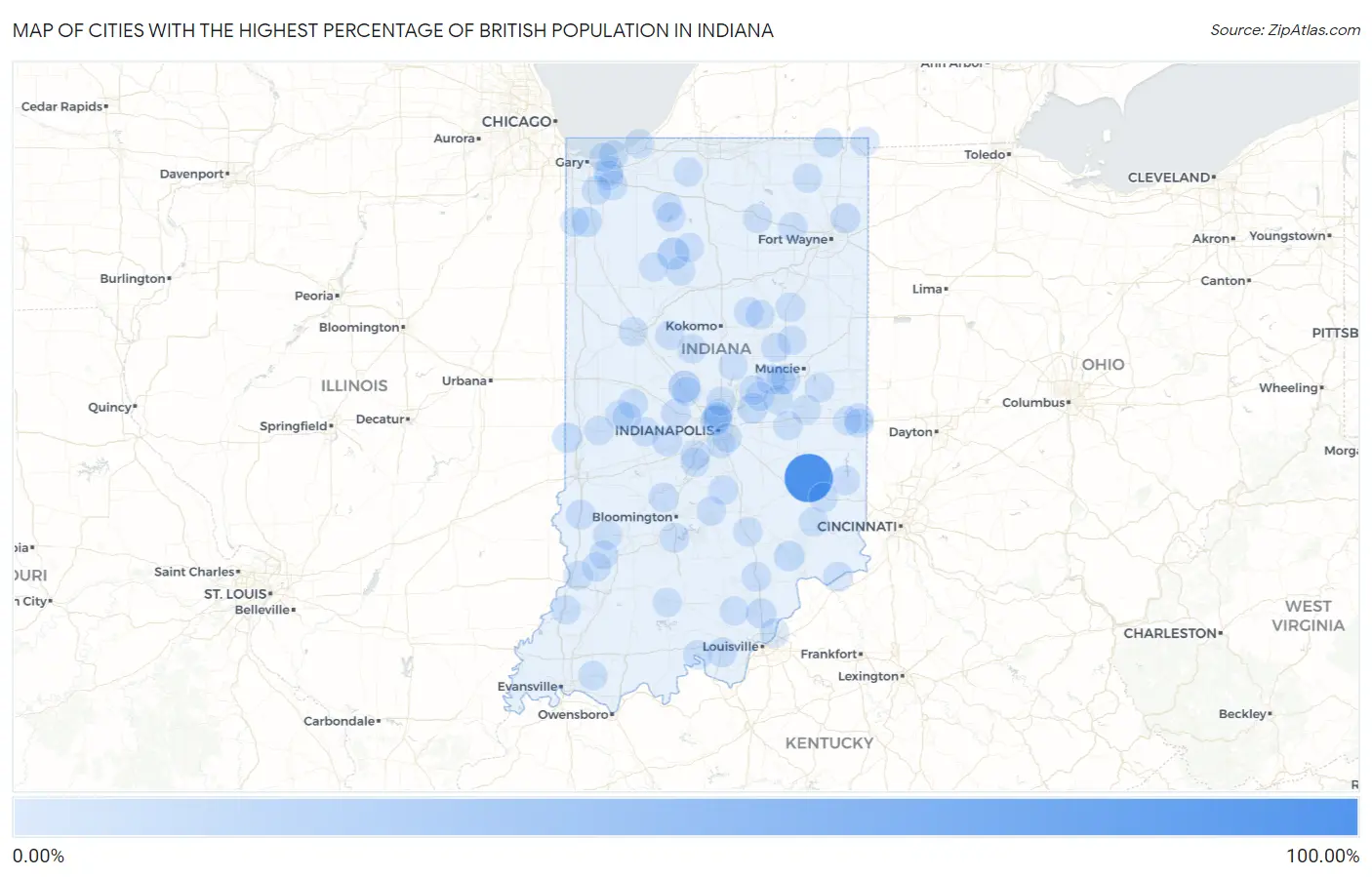 Cities with the Highest Percentage of British Population in Indiana Map