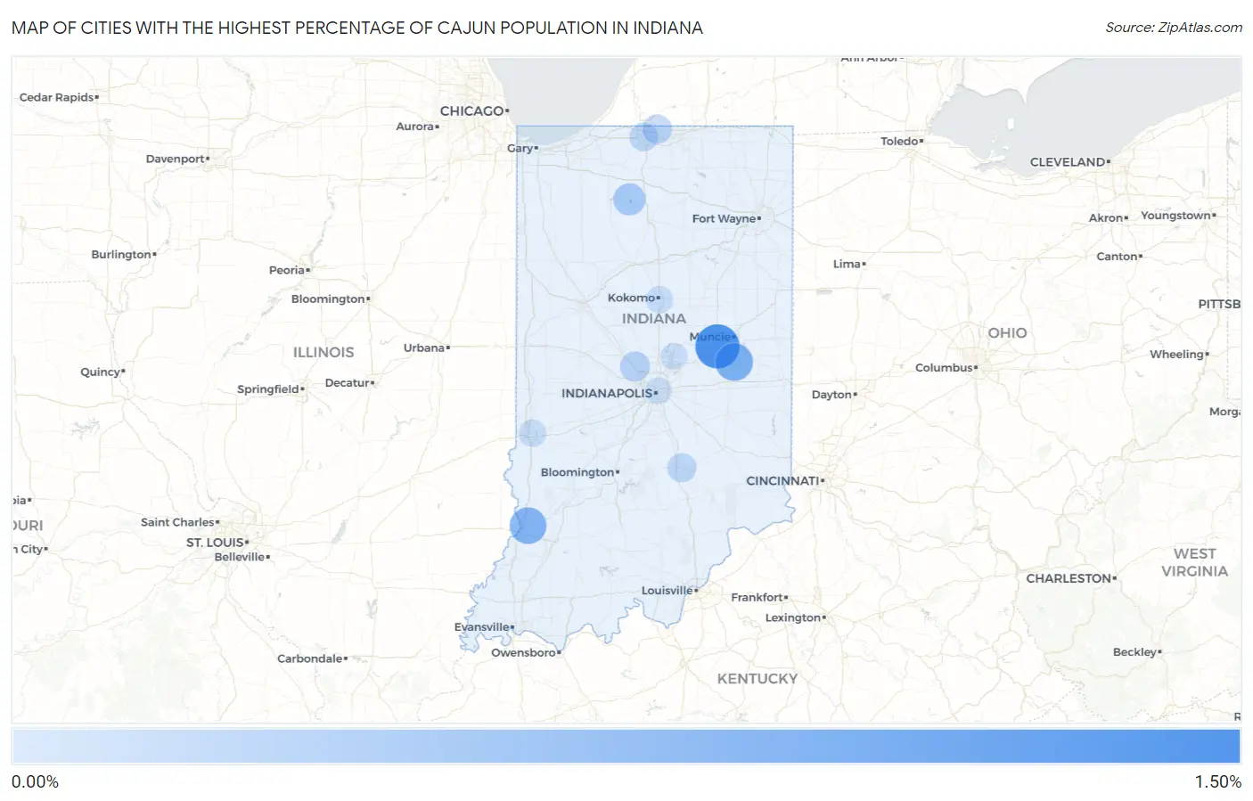 Cities with the Highest Percentage of Cajun Population in Indiana Map