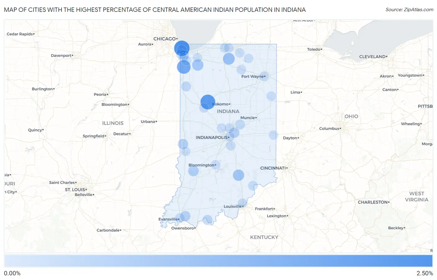 Cities with the Highest Percentage of Central American Indian Population in Indiana Map