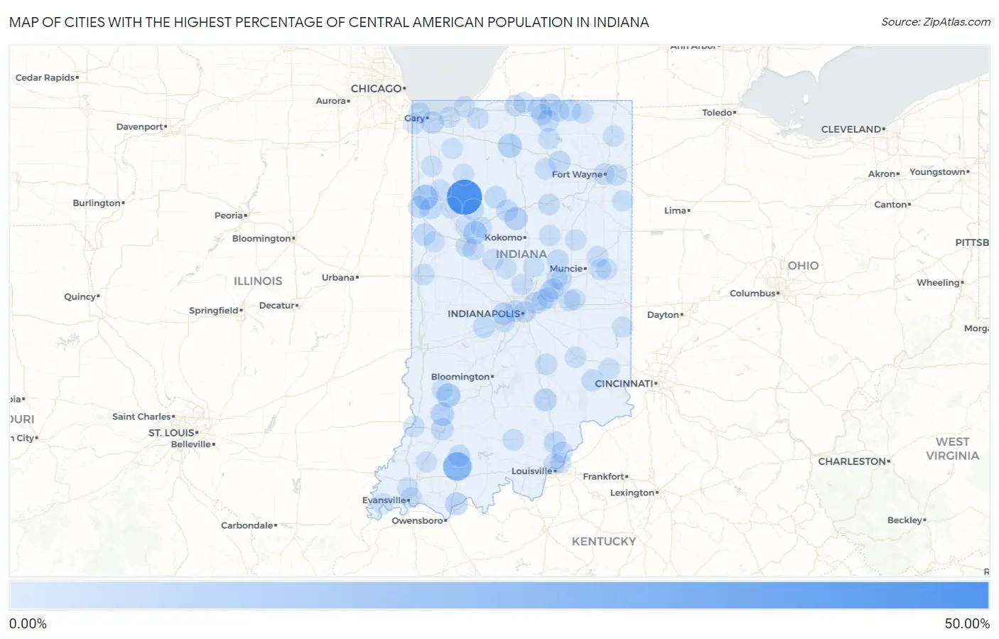 Cities with the Highest Percentage of Central American Population in Indiana Map