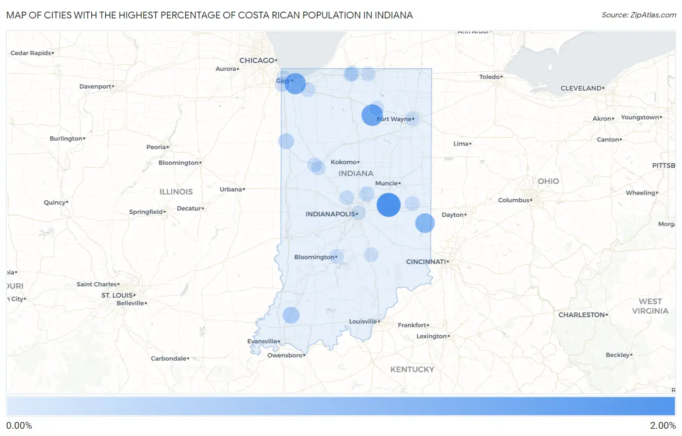 Cities with the Highest Percentage of Costa Rican Population in Indiana Map