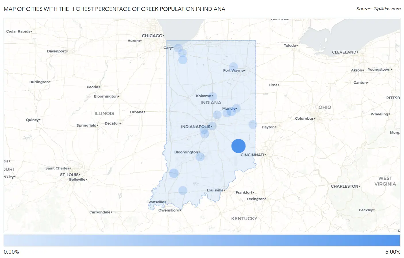 Cities with the Highest Percentage of Creek Population in Indiana Map