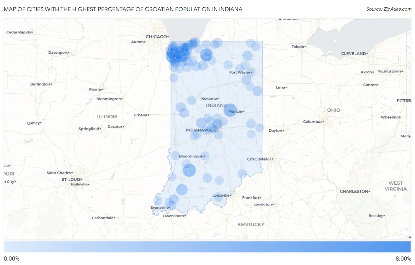Cities with the Highest Percentage of Croatian Population in Indiana Map