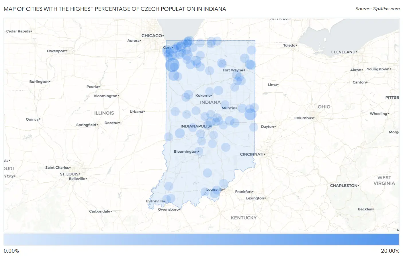 Cities with the Highest Percentage of Czech Population in Indiana Map