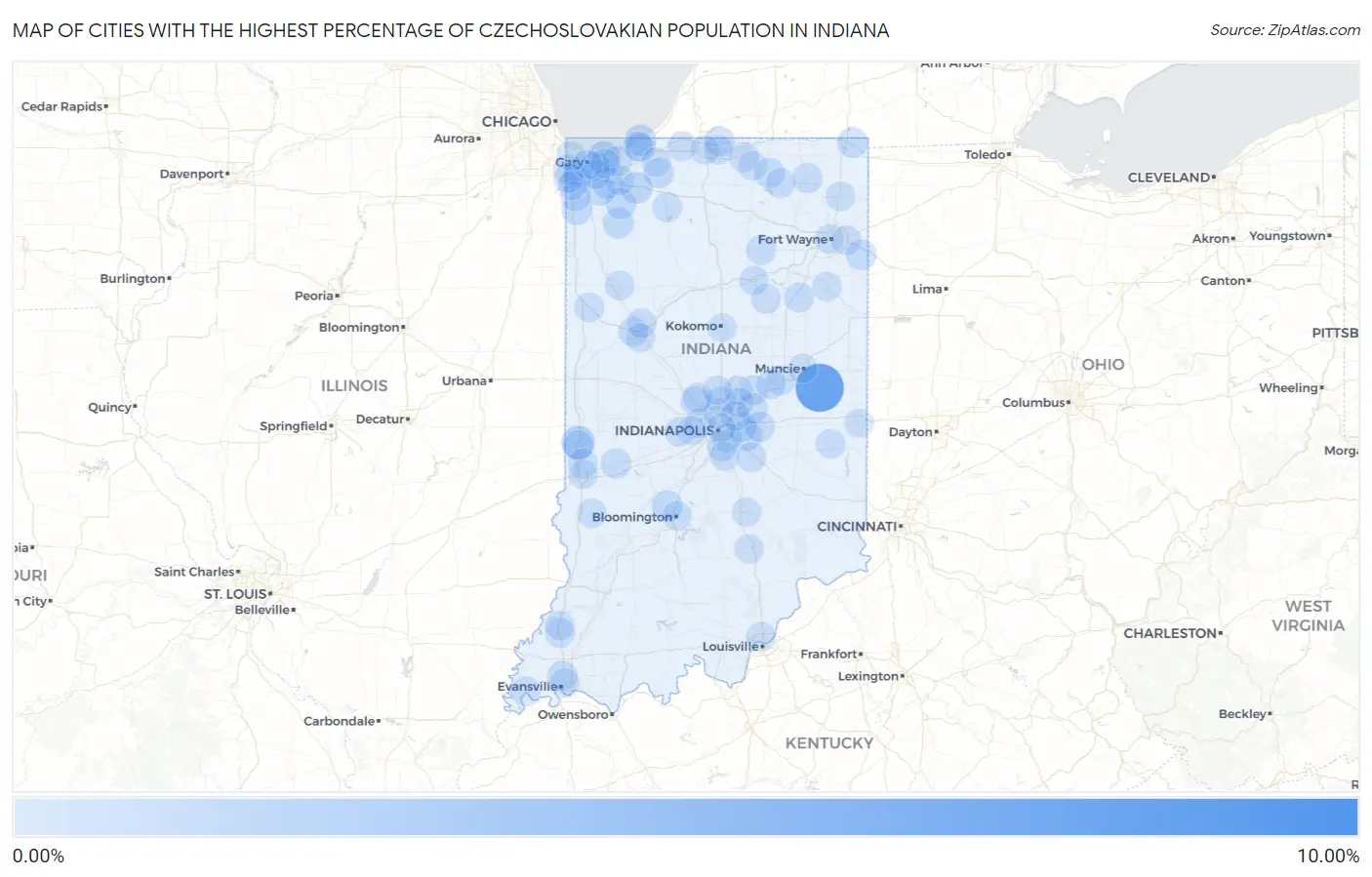 Cities with the Highest Percentage of Czechoslovakian Population in Indiana Map