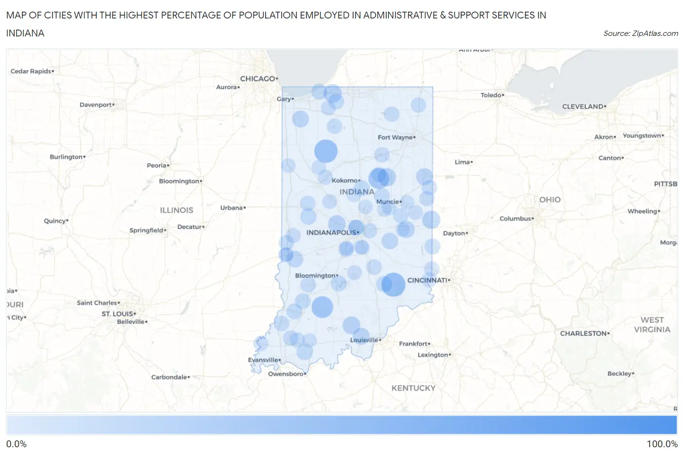 Cities with the Highest Percentage of Population Employed in Administrative & Support Services in Indiana Map