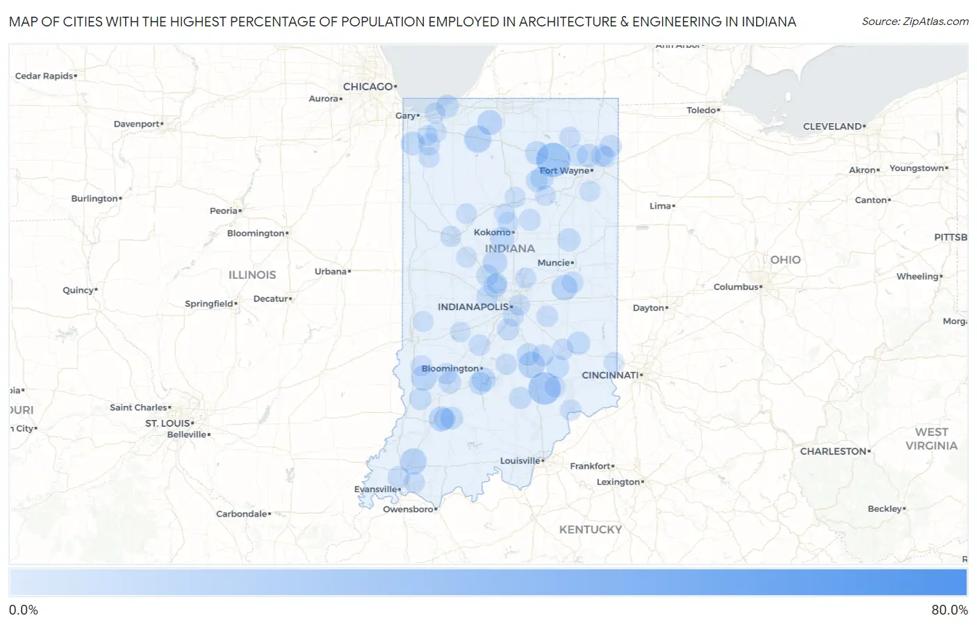 Cities with the Highest Percentage of Population Employed in Architecture & Engineering in Indiana Map