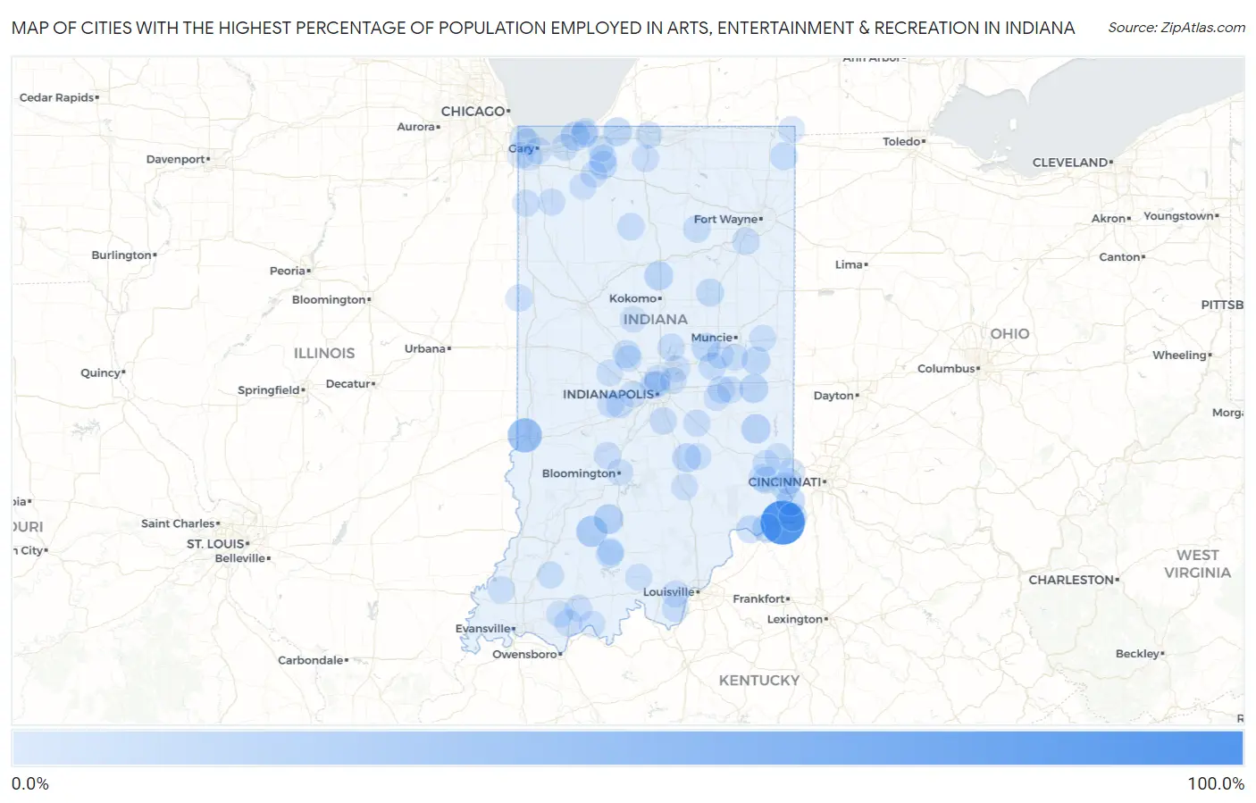 Cities with the Highest Percentage of Population Employed in Arts, Entertainment & Recreation in Indiana Map