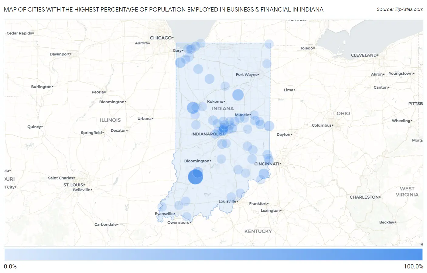 Cities with the Highest Percentage of Population Employed in Business & Financial in Indiana Map