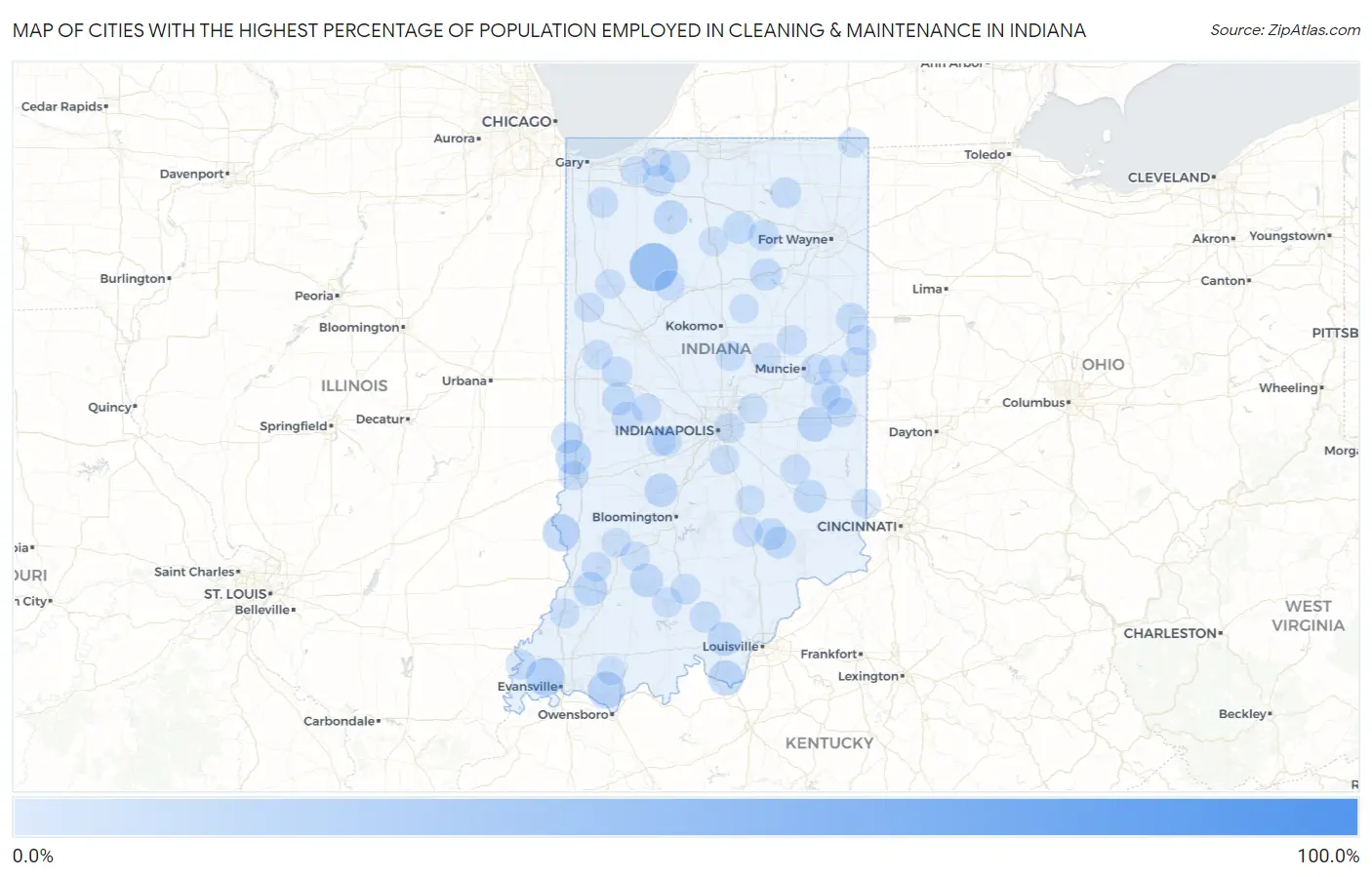 Cities with the Highest Percentage of Population Employed in Cleaning & Maintenance in Indiana Map