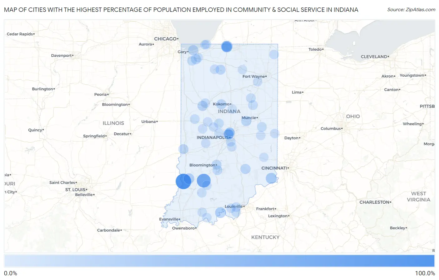 Cities with the Highest Percentage of Population Employed in Community & Social Service  in Indiana Map