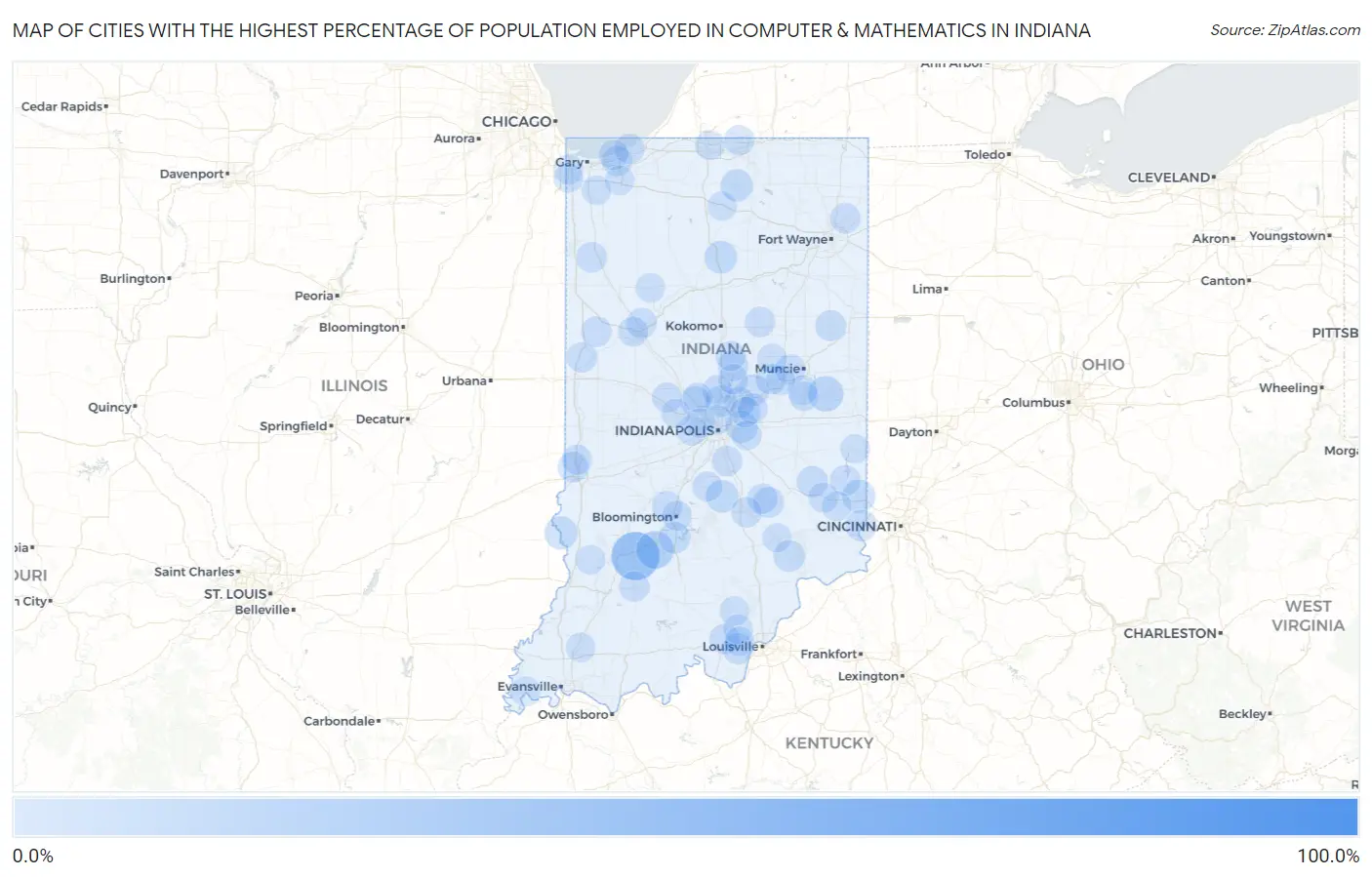 Cities with the Highest Percentage of Population Employed in Computer & Mathematics in Indiana Map