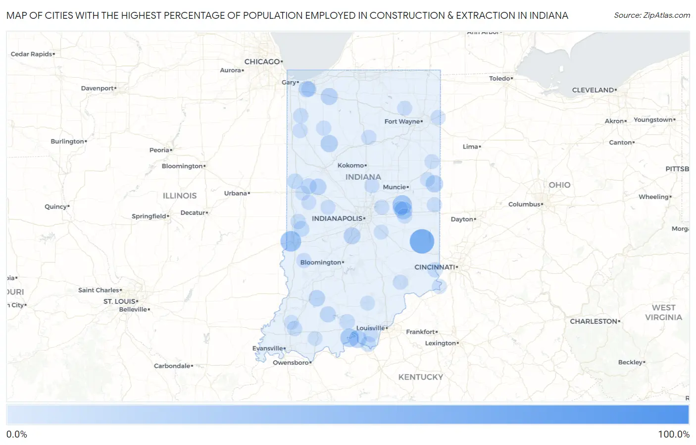 Cities with the Highest Percentage of Population Employed in Construction & Extraction in Indiana Map