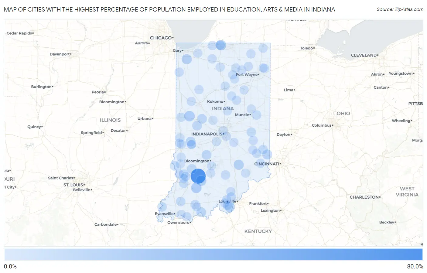 Cities with the Highest Percentage of Population Employed in Education, Arts & Media in Indiana Map