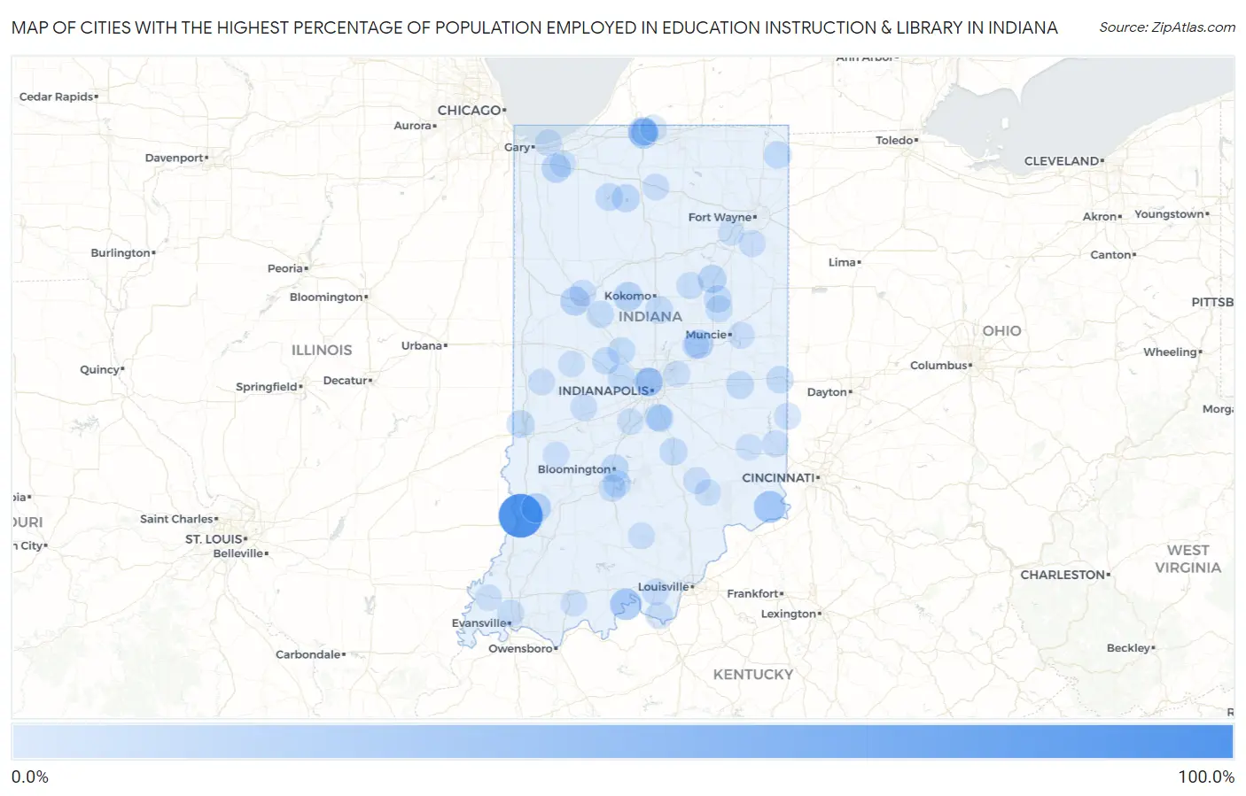 Cities with the Highest Percentage of Population Employed in Education Instruction & Library in Indiana Map