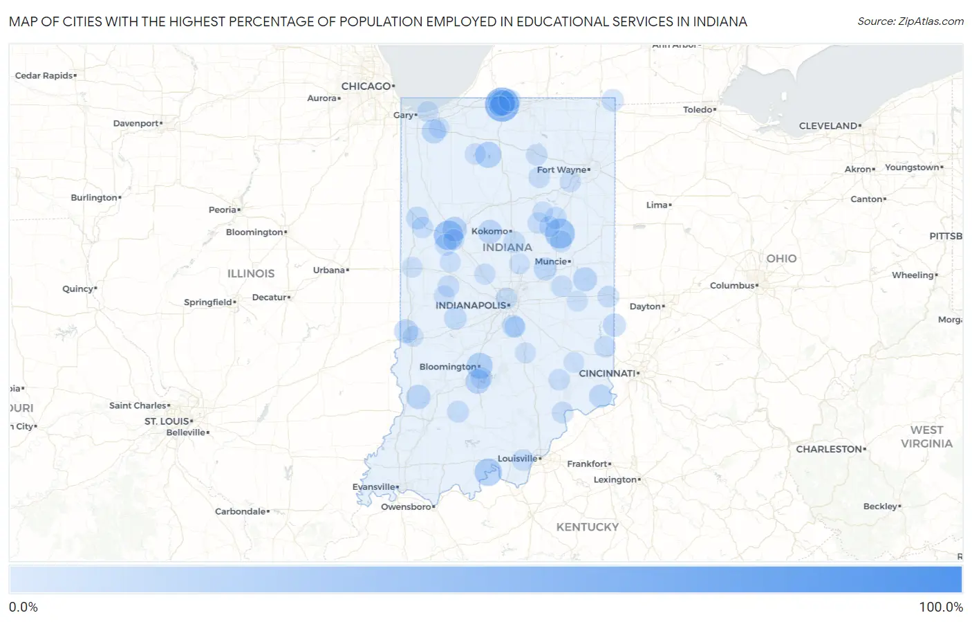 Cities with the Highest Percentage of Population Employed in Educational Services in Indiana Map