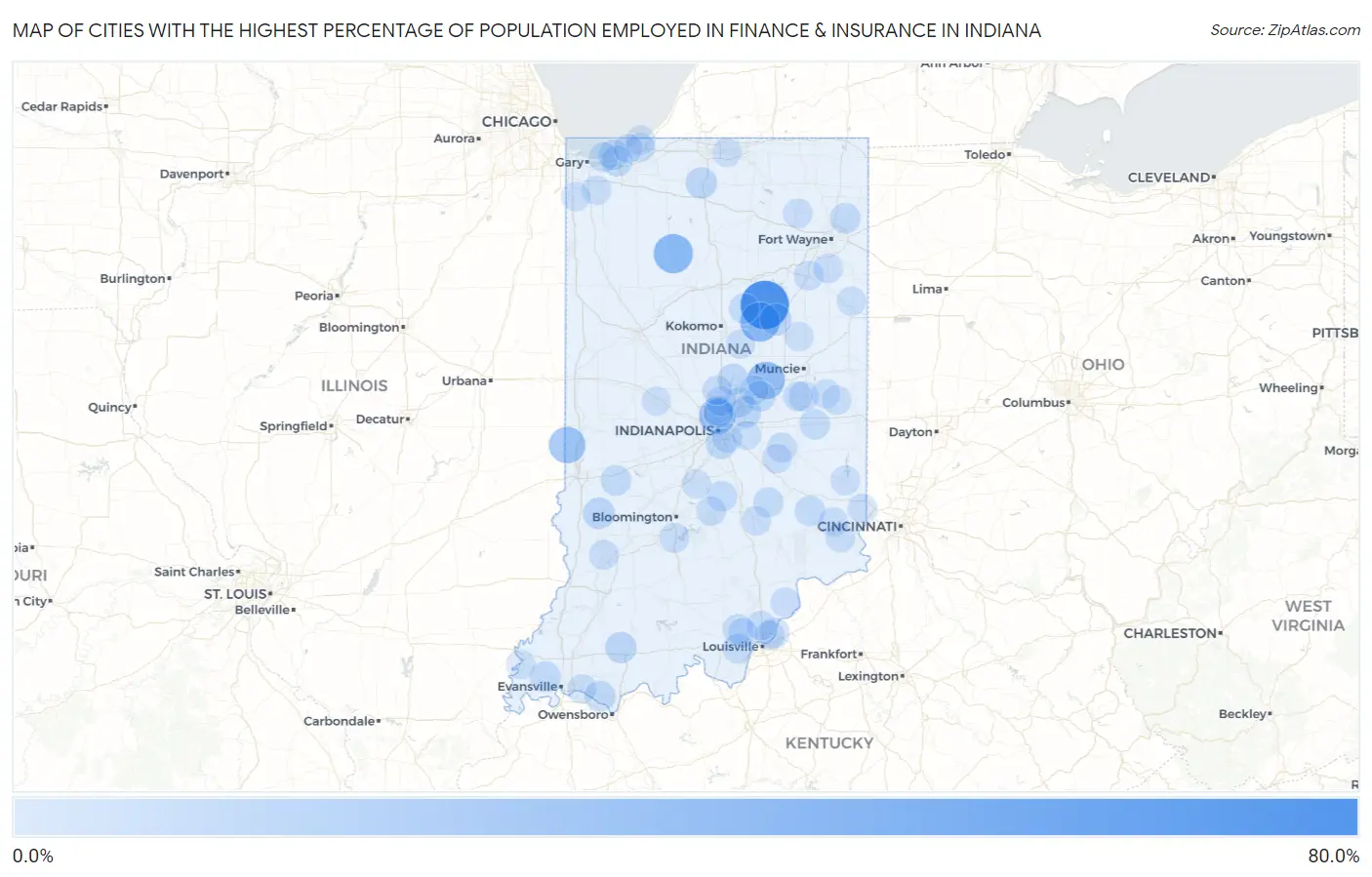 Cities with the Highest Percentage of Population Employed in Finance & Insurance in Indiana Map