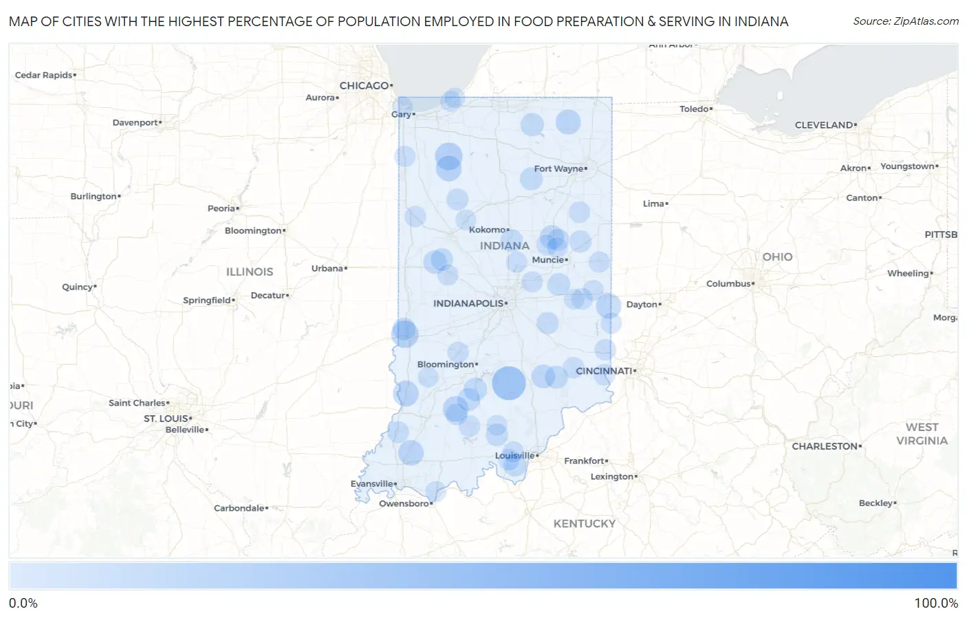 Cities with the Highest Percentage of Population Employed in Food Preparation & Serving in Indiana Map
