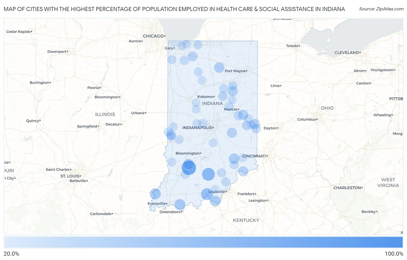 Cities with the Highest Percentage of Population Employed in Health Care & Social Assistance in Indiana Map