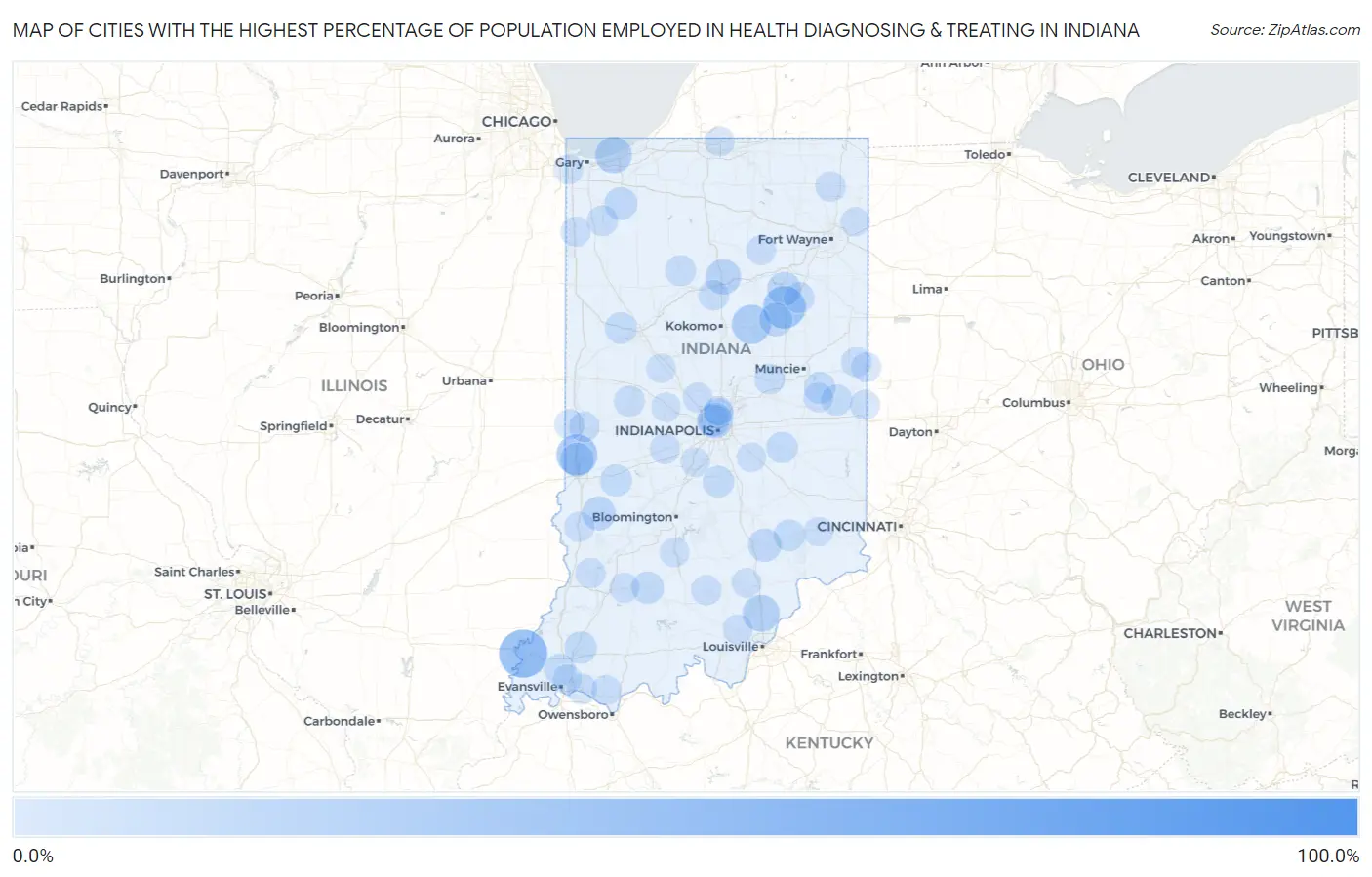 Cities with the Highest Percentage of Population Employed in Health Diagnosing & Treating in Indiana Map