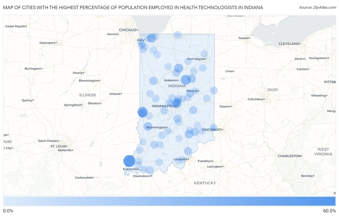 Cities with the Highest Percentage of Population Employed in Health Technologists in Indiana Map