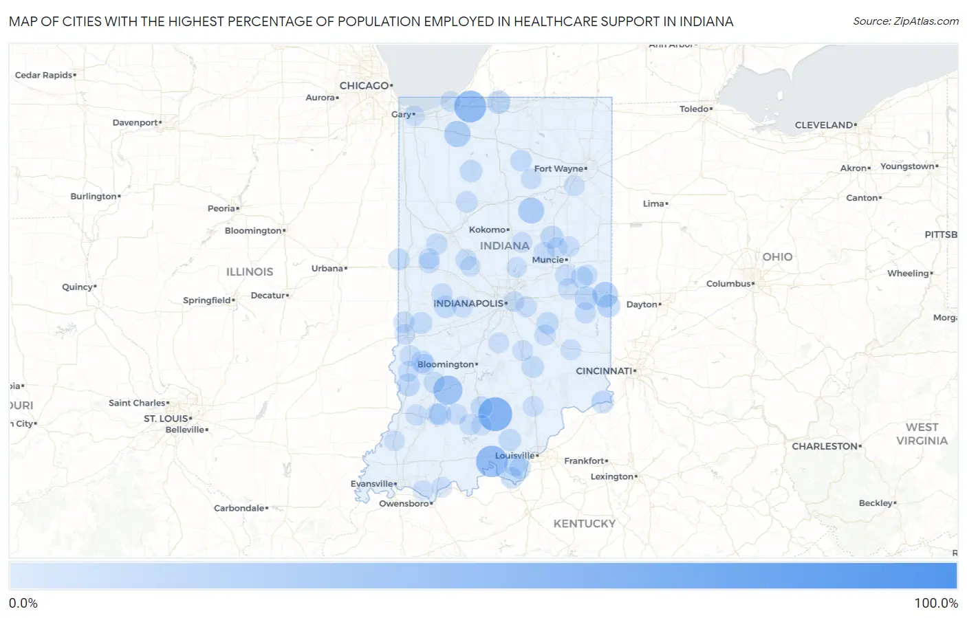 Cities with the Highest Percentage of Population Employed in Healthcare Support in Indiana Map