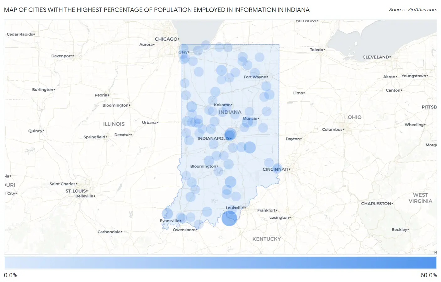 Cities with the Highest Percentage of Population Employed in Information in Indiana Map