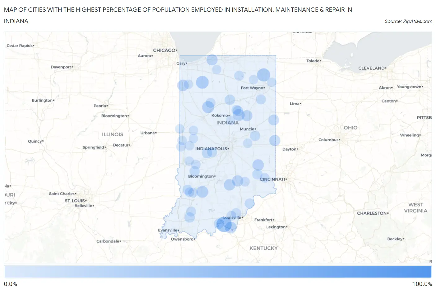 Cities with the Highest Percentage of Population Employed in Installation, Maintenance & Repair in Indiana Map