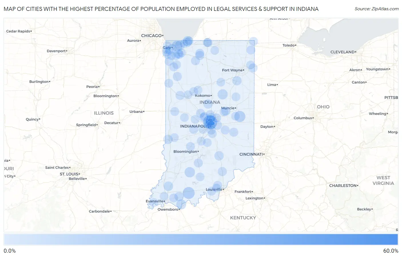 Cities with the Highest Percentage of Population Employed in Legal Services & Support in Indiana Map
