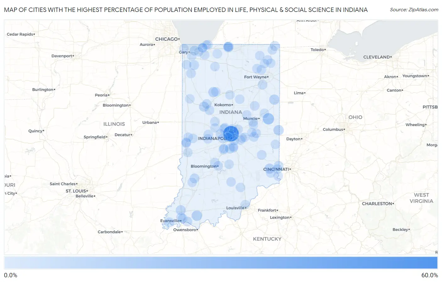Cities with the Highest Percentage of Population Employed in Life, Physical & Social Science in Indiana Map