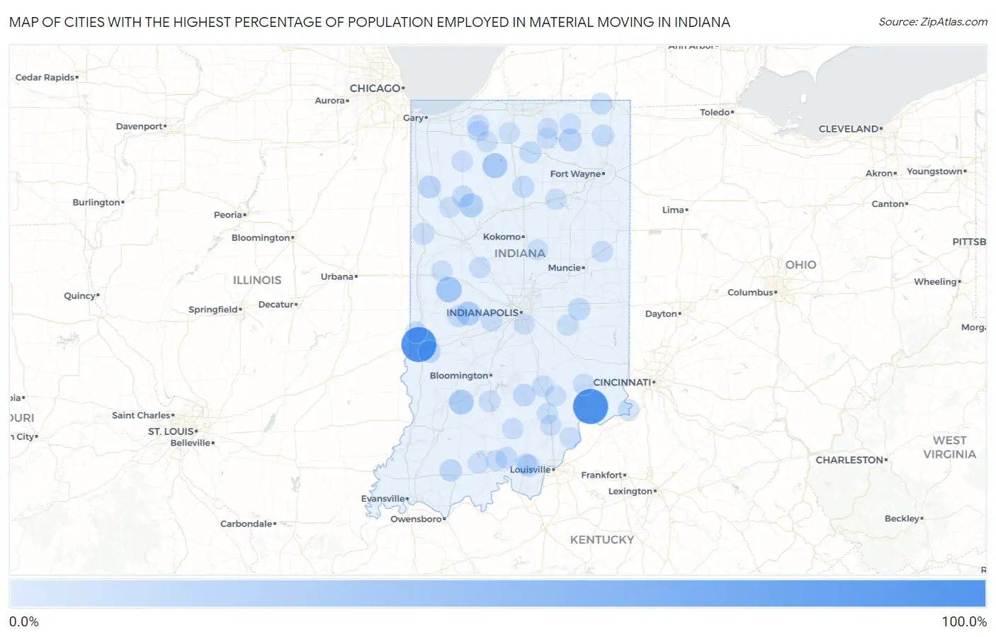 Cities with the Highest Percentage of Population Employed in Material Moving in Indiana Map