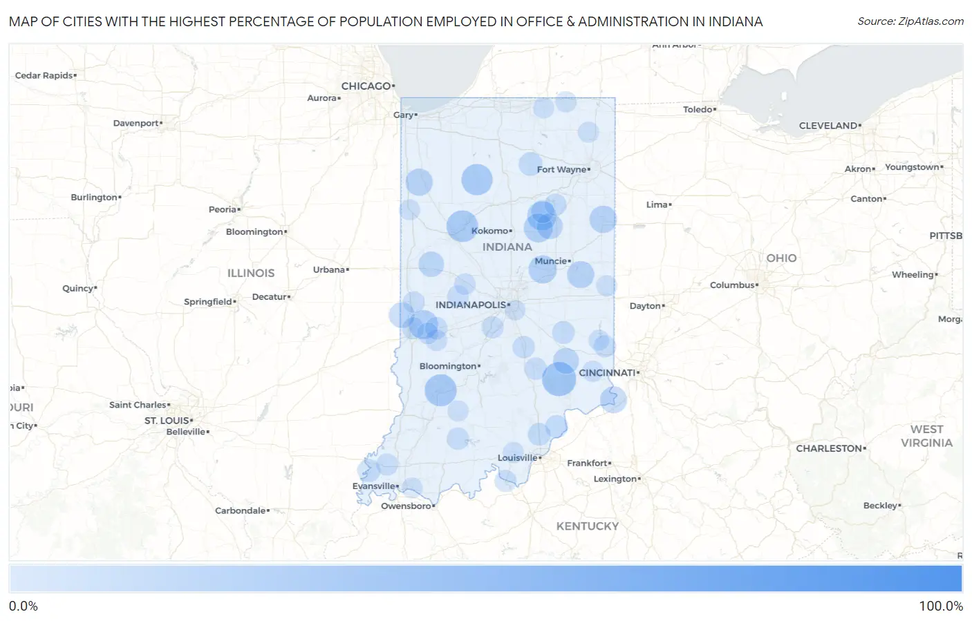 Cities with the Highest Percentage of Population Employed in Office & Administration in Indiana Map