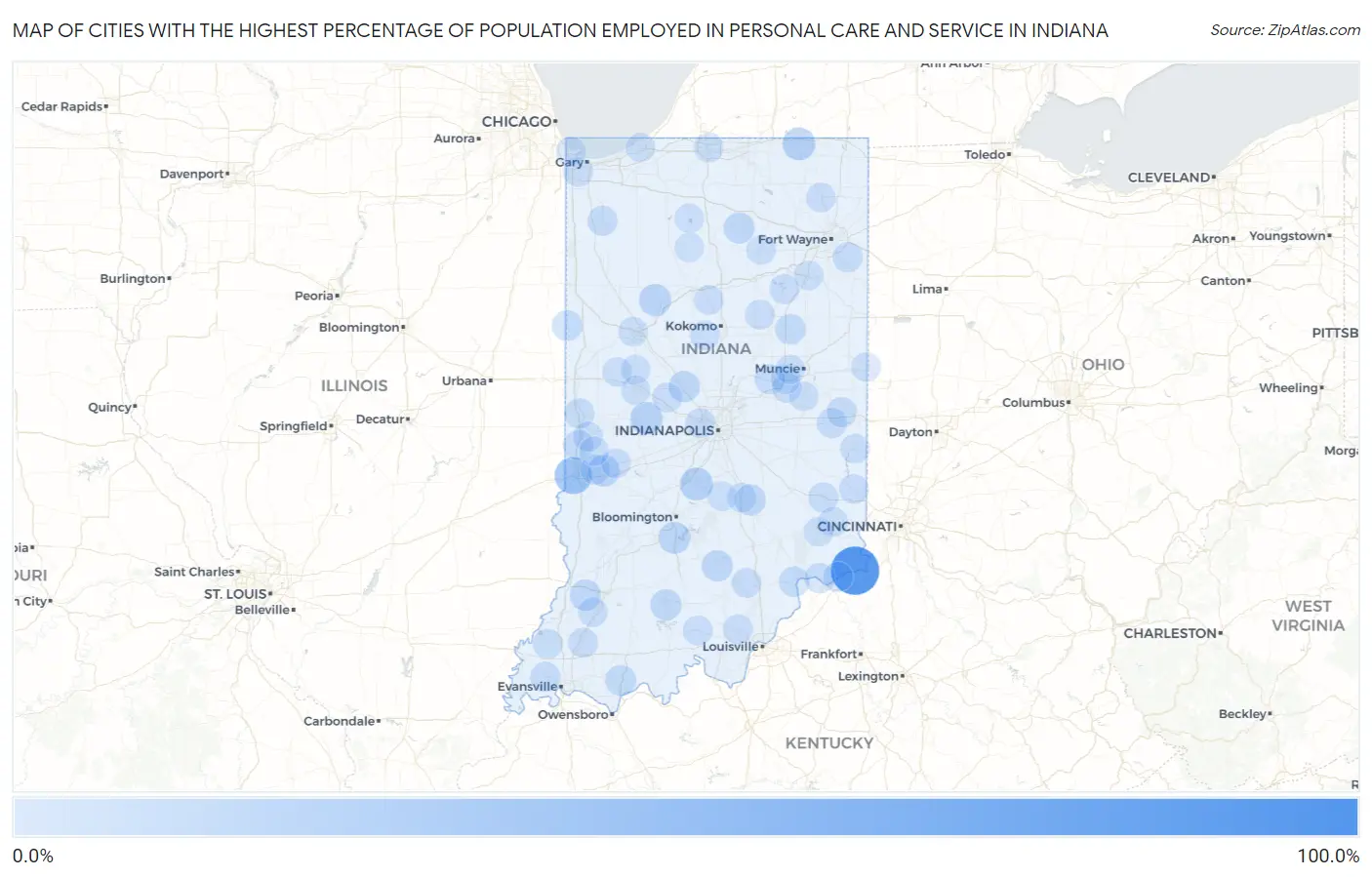 Cities with the Highest Percentage of Population Employed in Personal Care and Service in Indiana Map