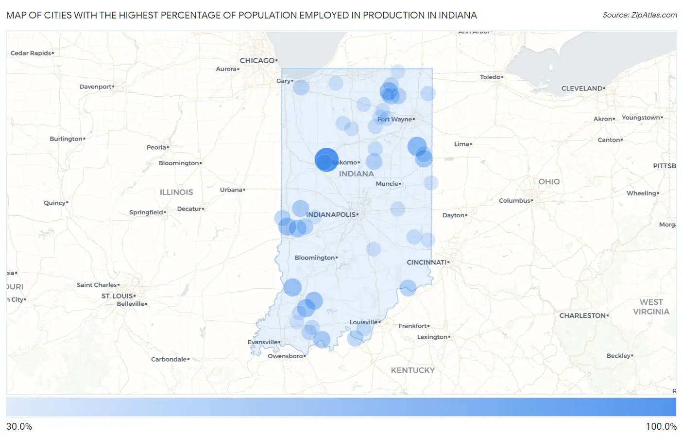 Cities with the Highest Percentage of Population Employed in Production in Indiana Map