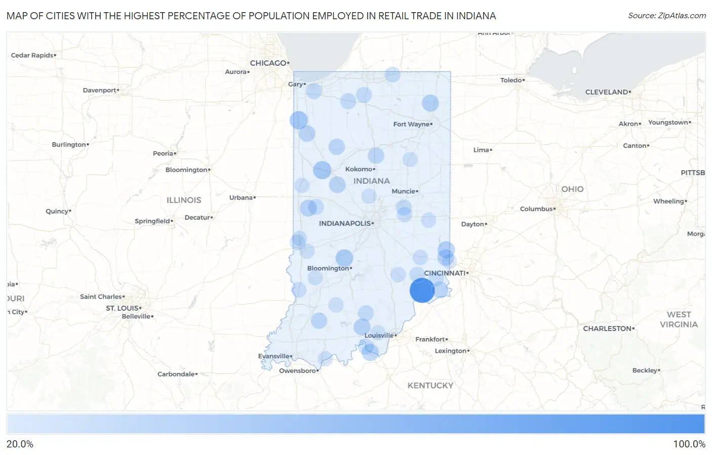 Cities with the Highest Percentage of Population Employed in Retail Trade in Indiana Map