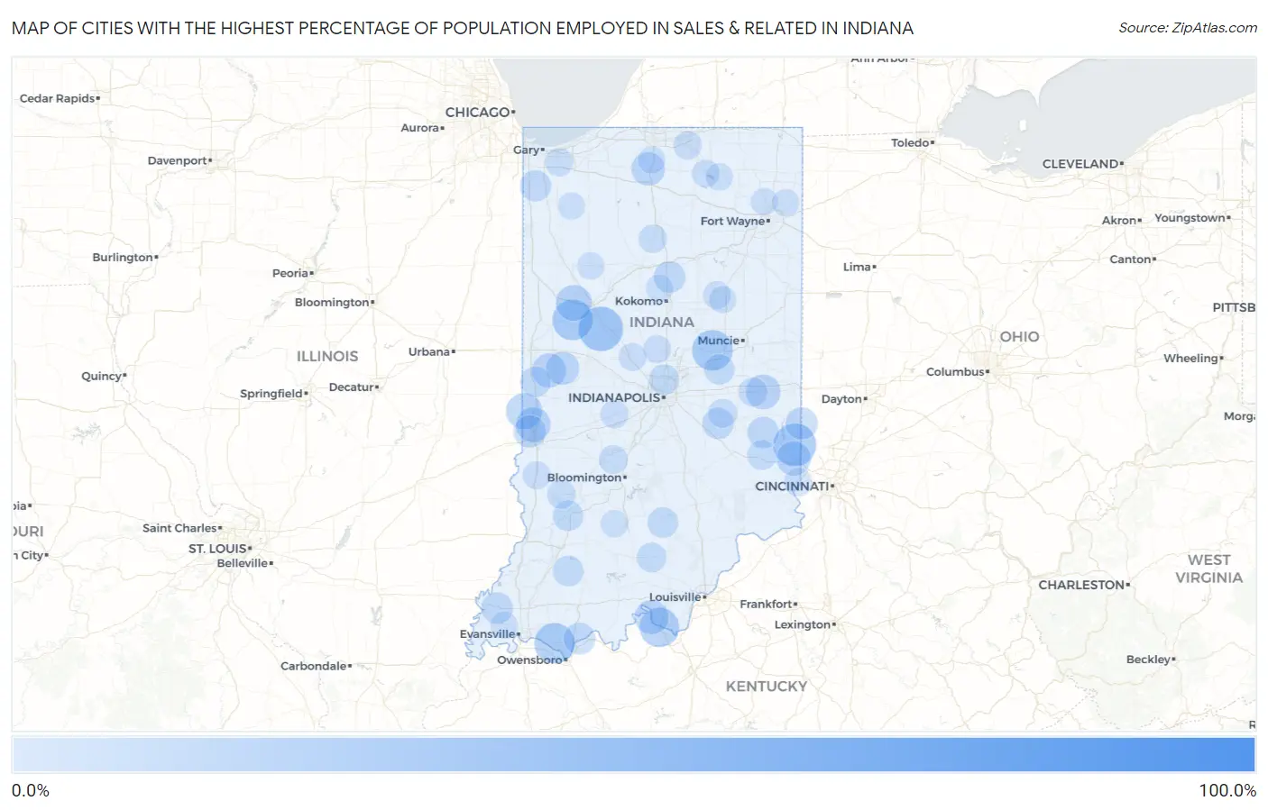 Cities with the Highest Percentage of Population Employed in Sales & Related in Indiana Map