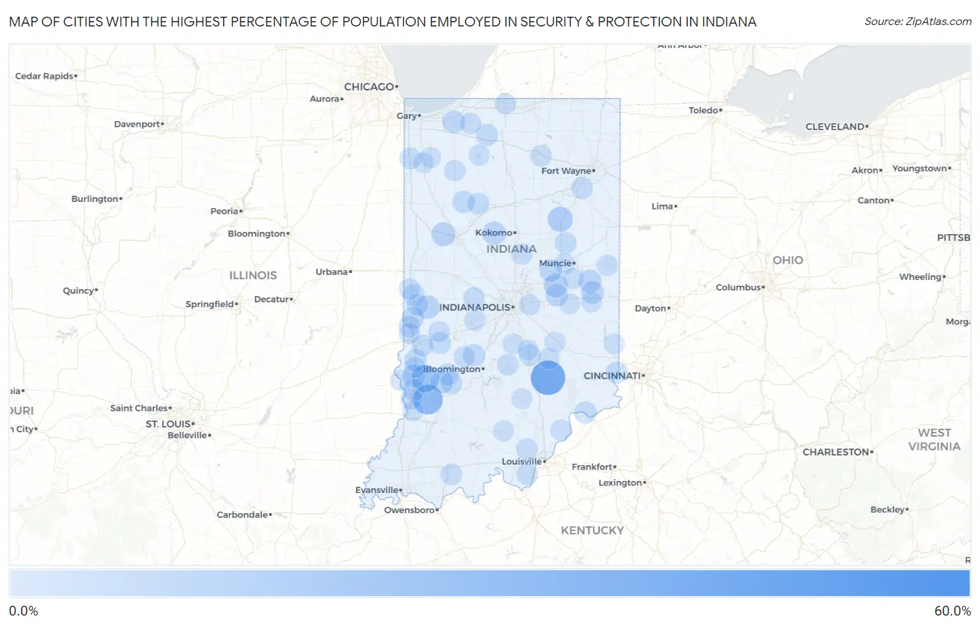 Cities with the Highest Percentage of Population Employed in Security & Protection in Indiana Map