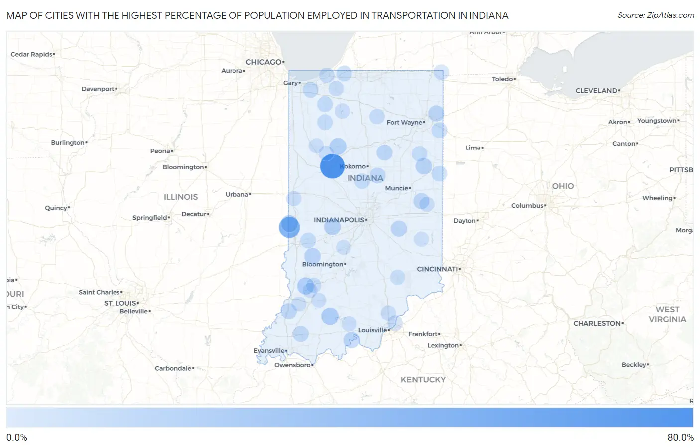 Cities with the Highest Percentage of Population Employed in Transportation in Indiana Map