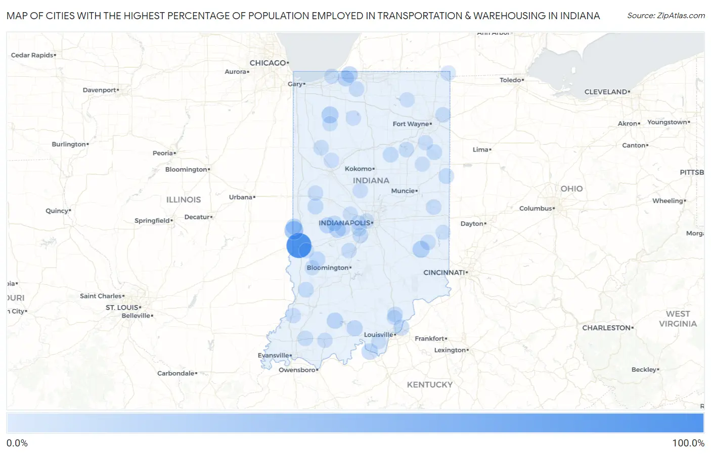 Cities with the Highest Percentage of Population Employed in Transportation & Warehousing in Indiana Map