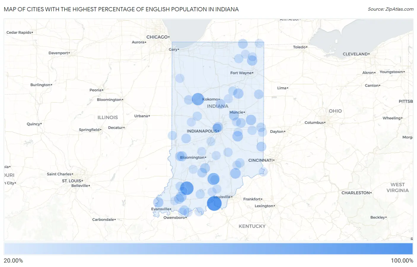 Cities with the Highest Percentage of English Population in Indiana Map